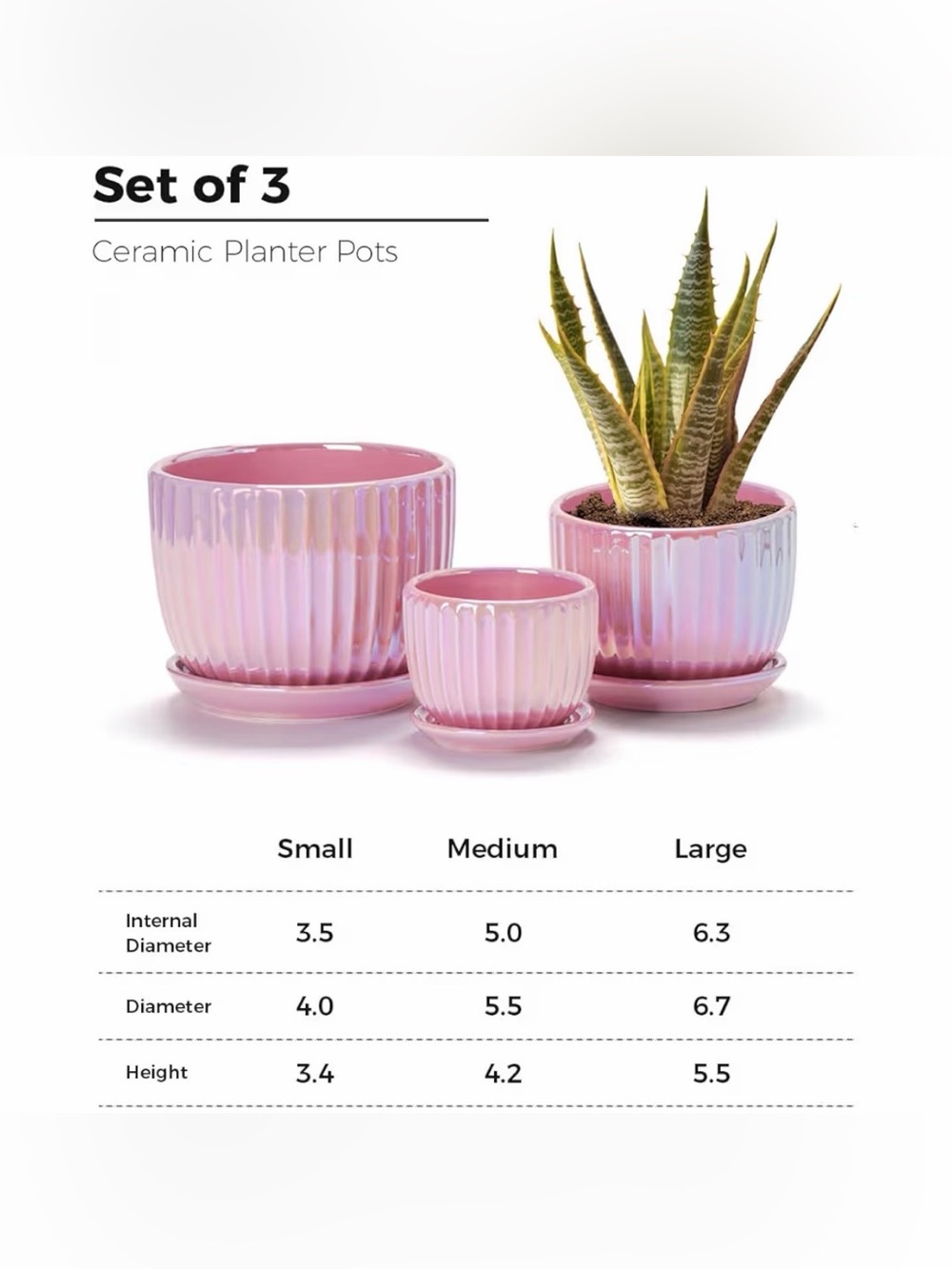 Pink Iridescent Ceramic Ribbed Planter Set - Picture 3 of 5